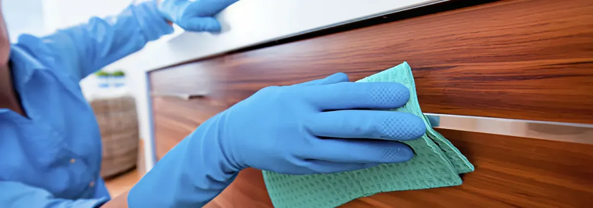 Cleaner wearing blue gloves wiping a wooden cabinet drawer with a microfiber cloth for dust and grime removal, Naperville, IL.